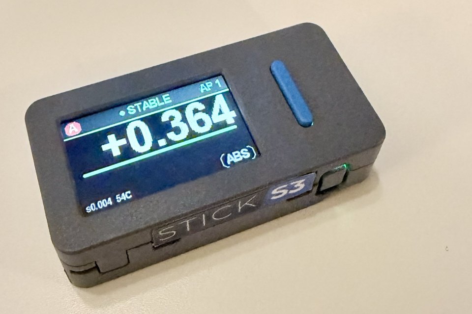 An Angle Gauge node in a printed case, its screen reading plus 0.364 degrees, marked STABLE.